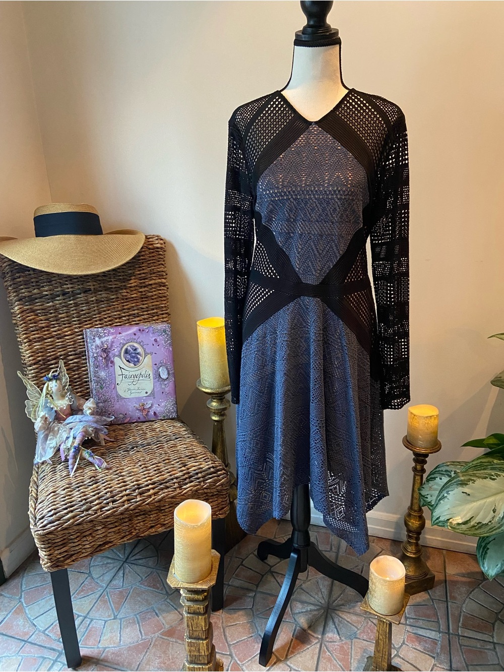 BCBGMaxAzria Black and Slate Blue Long Sleeve Knit Dress